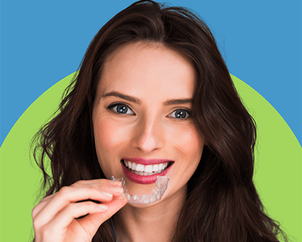 Branded SimplyClear image of happy woman holding clear aligner close to her mouth